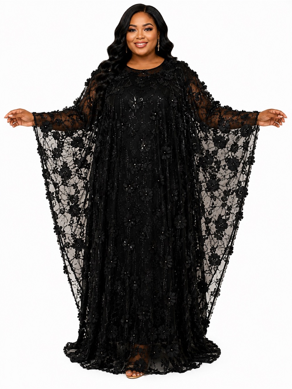 Handmade Floral Appliqué Kaftan Dress – Jet Black Plus Size African Boubou 3X–4X